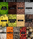 Ingredientes clave de Truvani Protein + Energy en enfoque visual