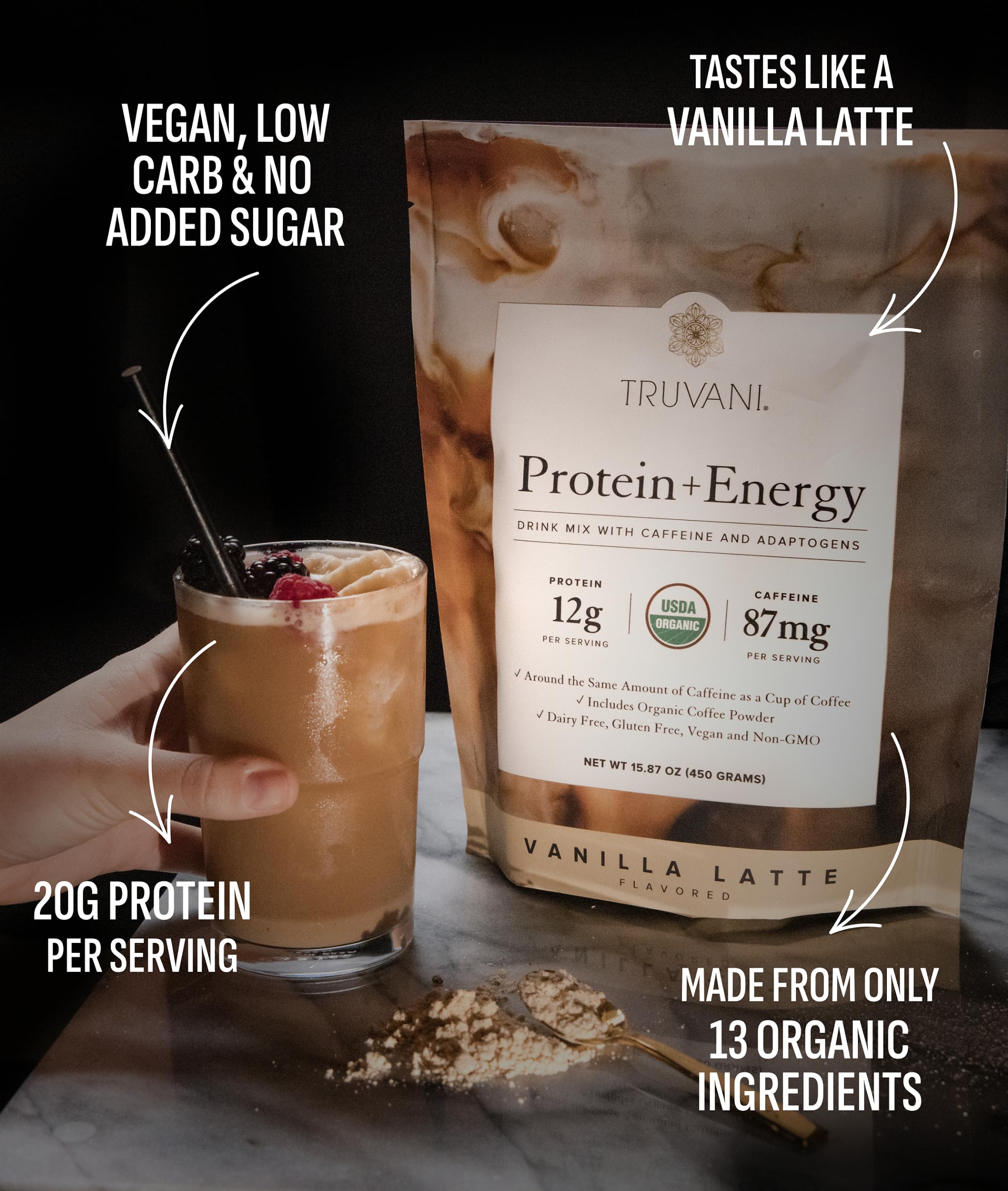 Polvo de Truvani Protein + Energy para mezclar fácilmente