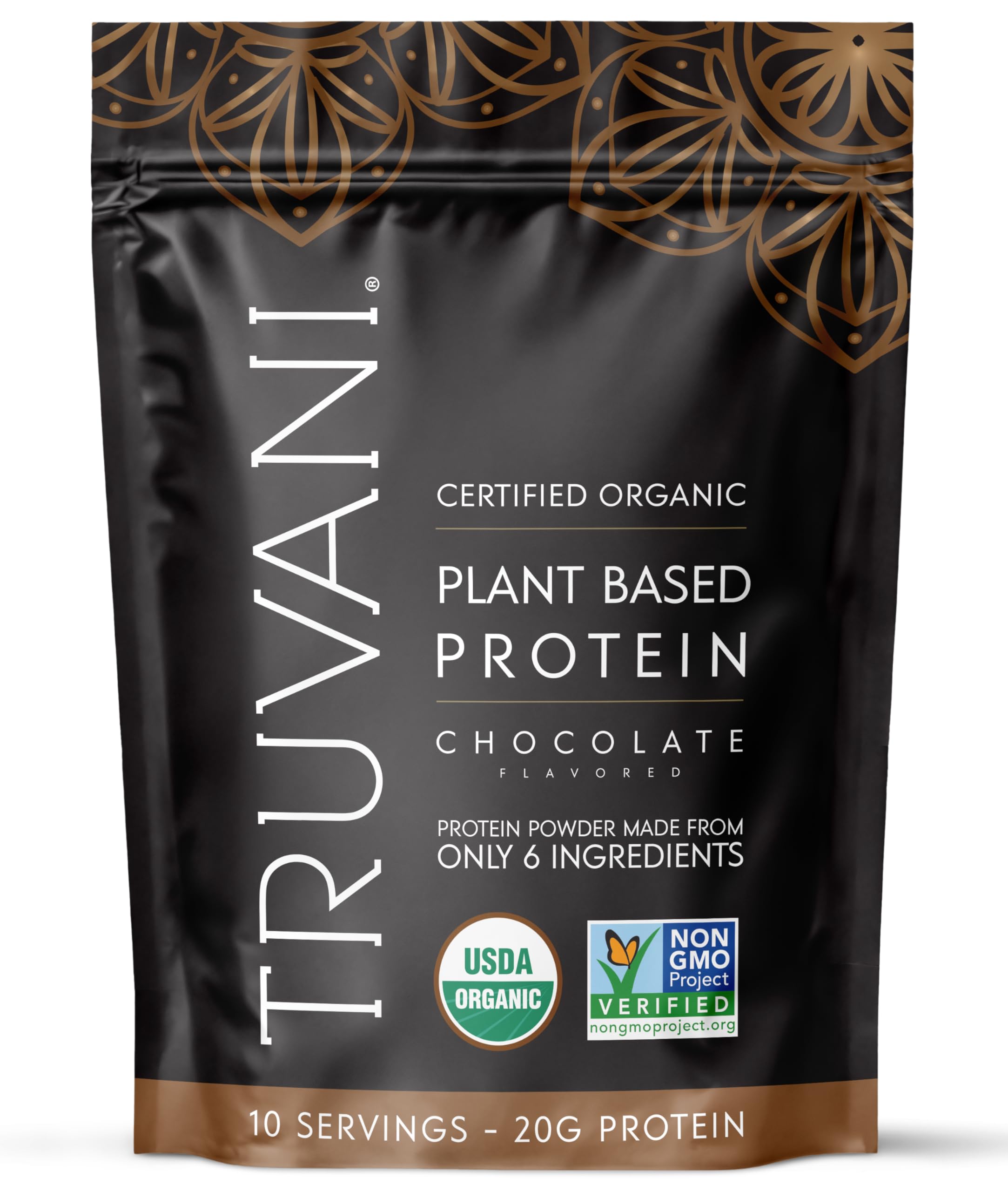 Proteína de guisante Truvani en empaque chocolate para opción vegana diaria.