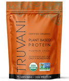 Truvani proteína de guisante sabor calabaza en bote, ideal para batidos nutritivos.