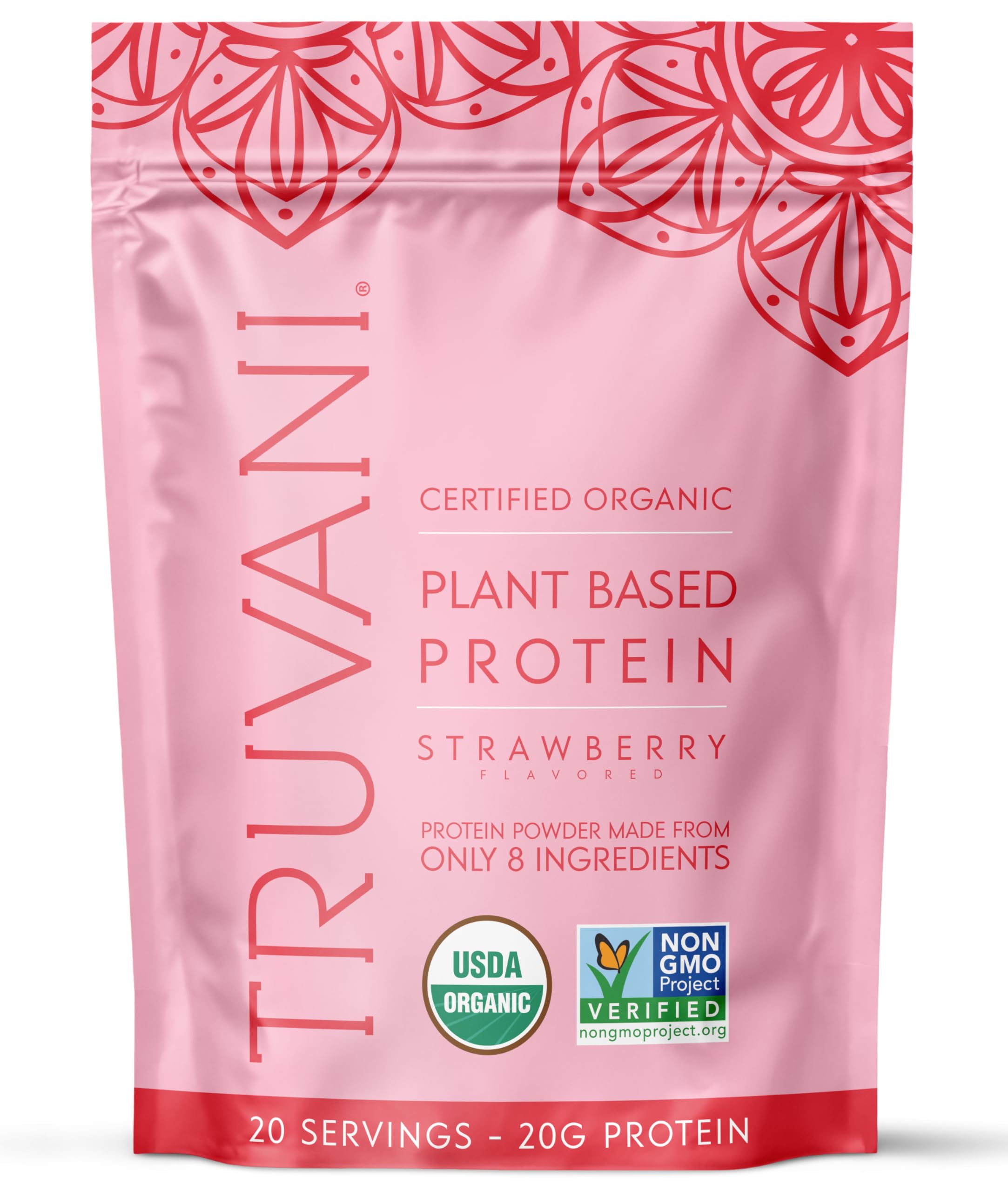 Truvani Proteína de guisante vegana en polvo fresa para batidos cremosos.