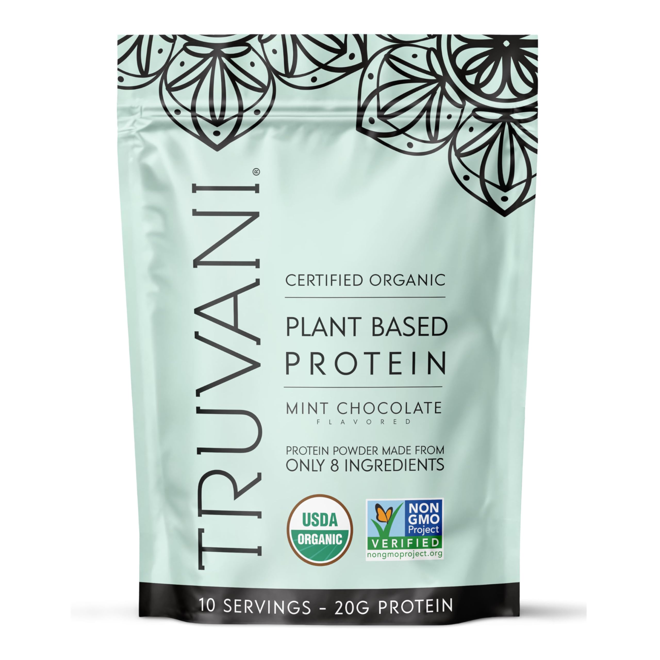 Proteína de guisante vegana Truvani en envase con sabor menta chocolate para batidos