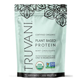 Proteína de guisante vegana Truvani en envase con sabor menta chocolate para batidos