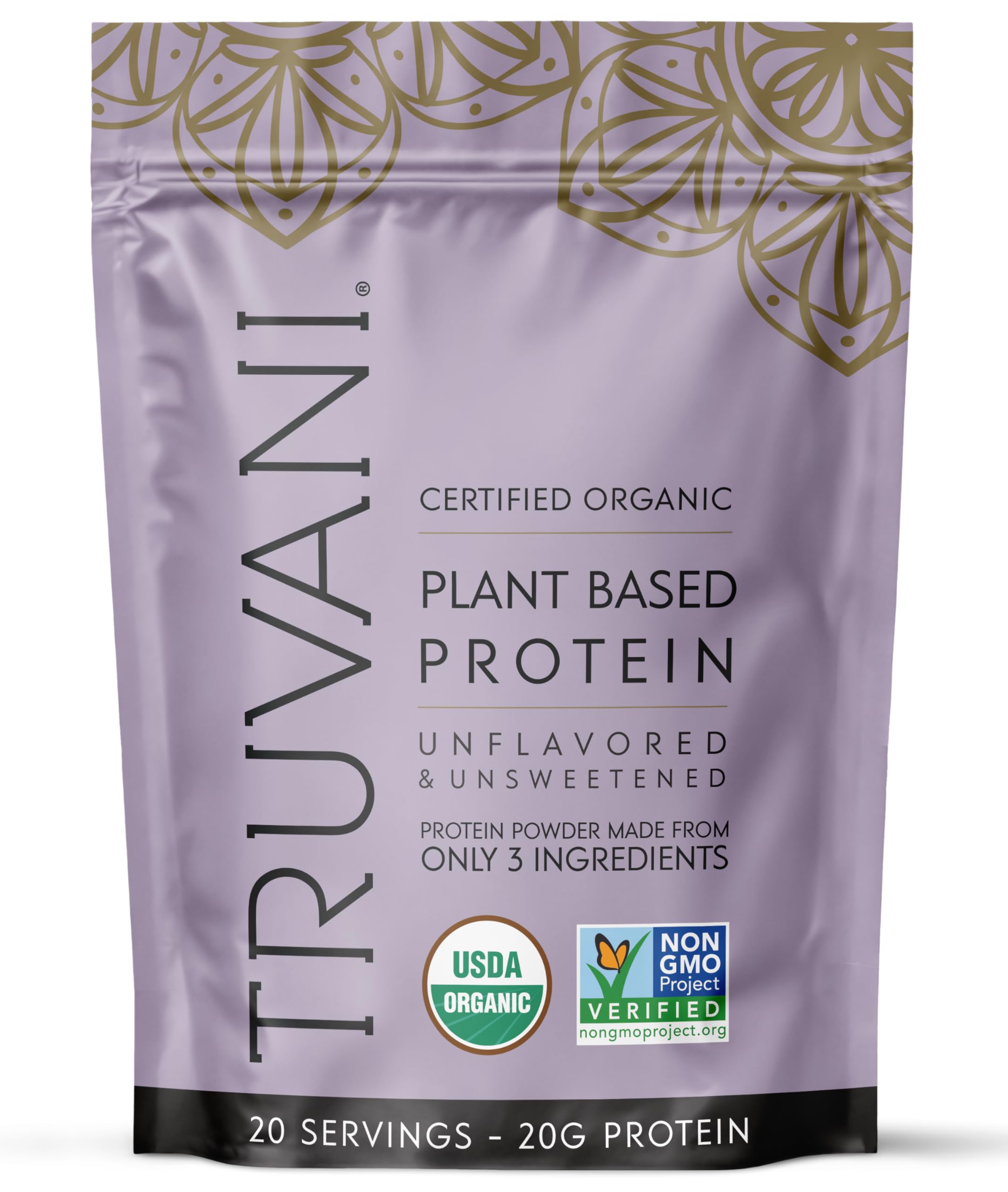 Truvani proteína de guisante sin sabor en bote; perfecto para batidos proteicos.