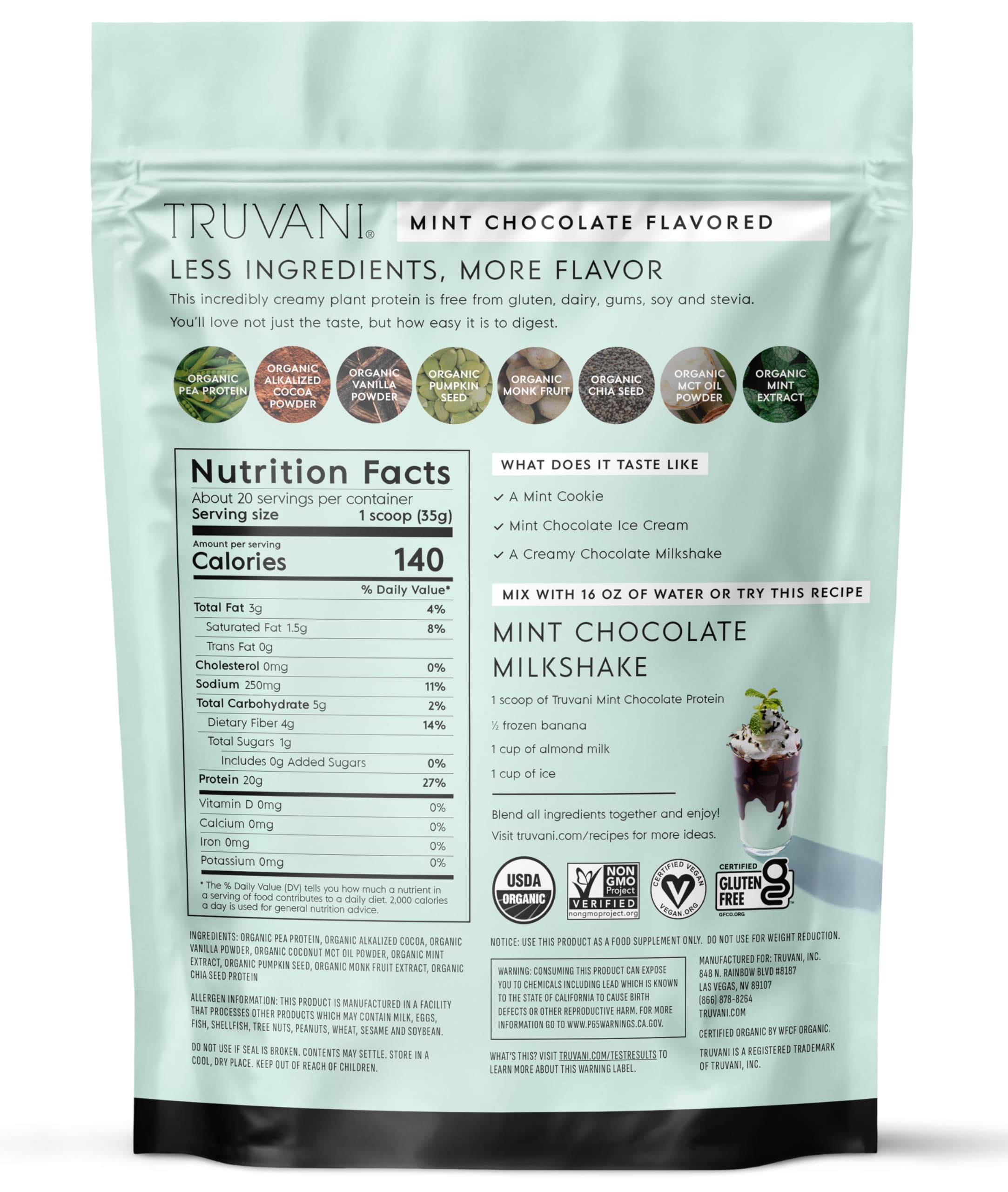 Truvani, etiqueta keto, libre de gluten y lactosa.