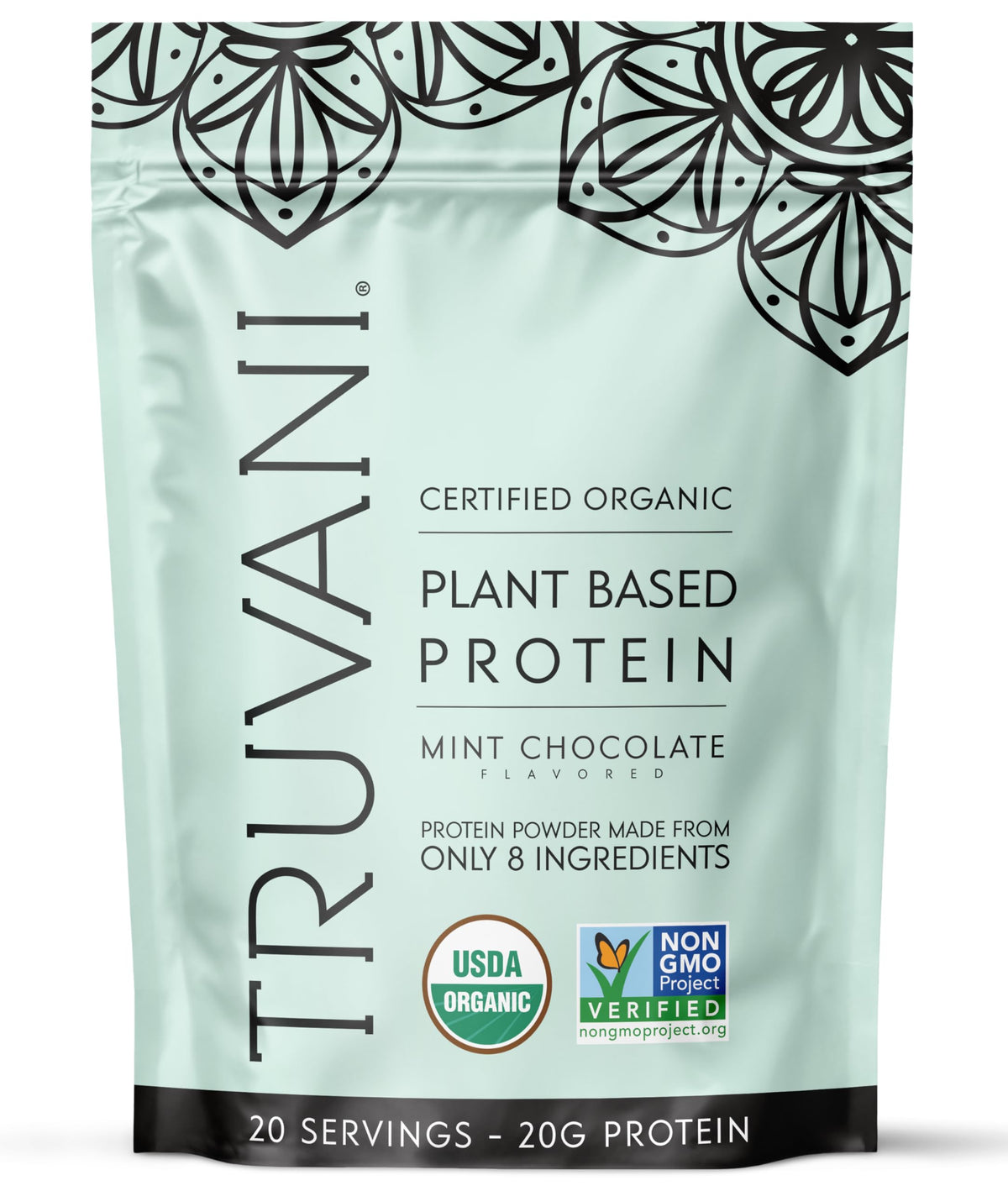 Truvani proteina de guisante vegana, envase, sabor menta con chocolate para batidos.