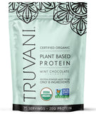 Truvani proteina de guisante vegana, envase, sabor menta con chocolate para batidos.