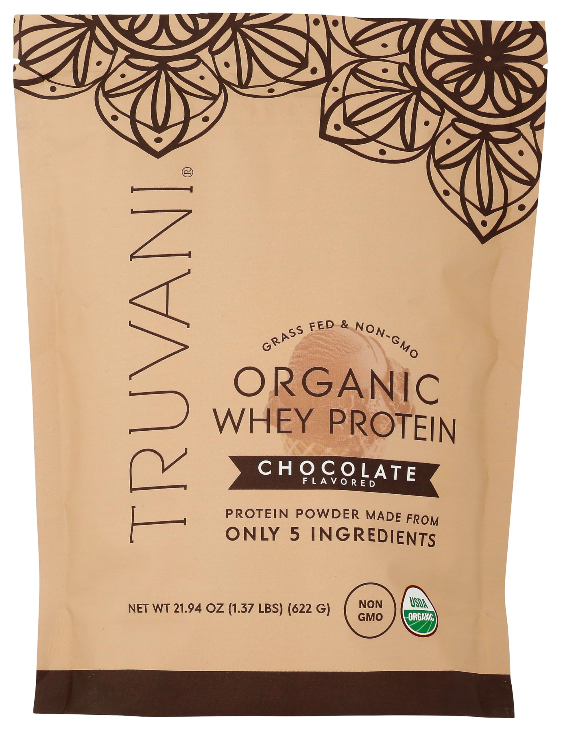 Etiqueta clara de Truvani chocolate, certifica ingredientes orgánicos