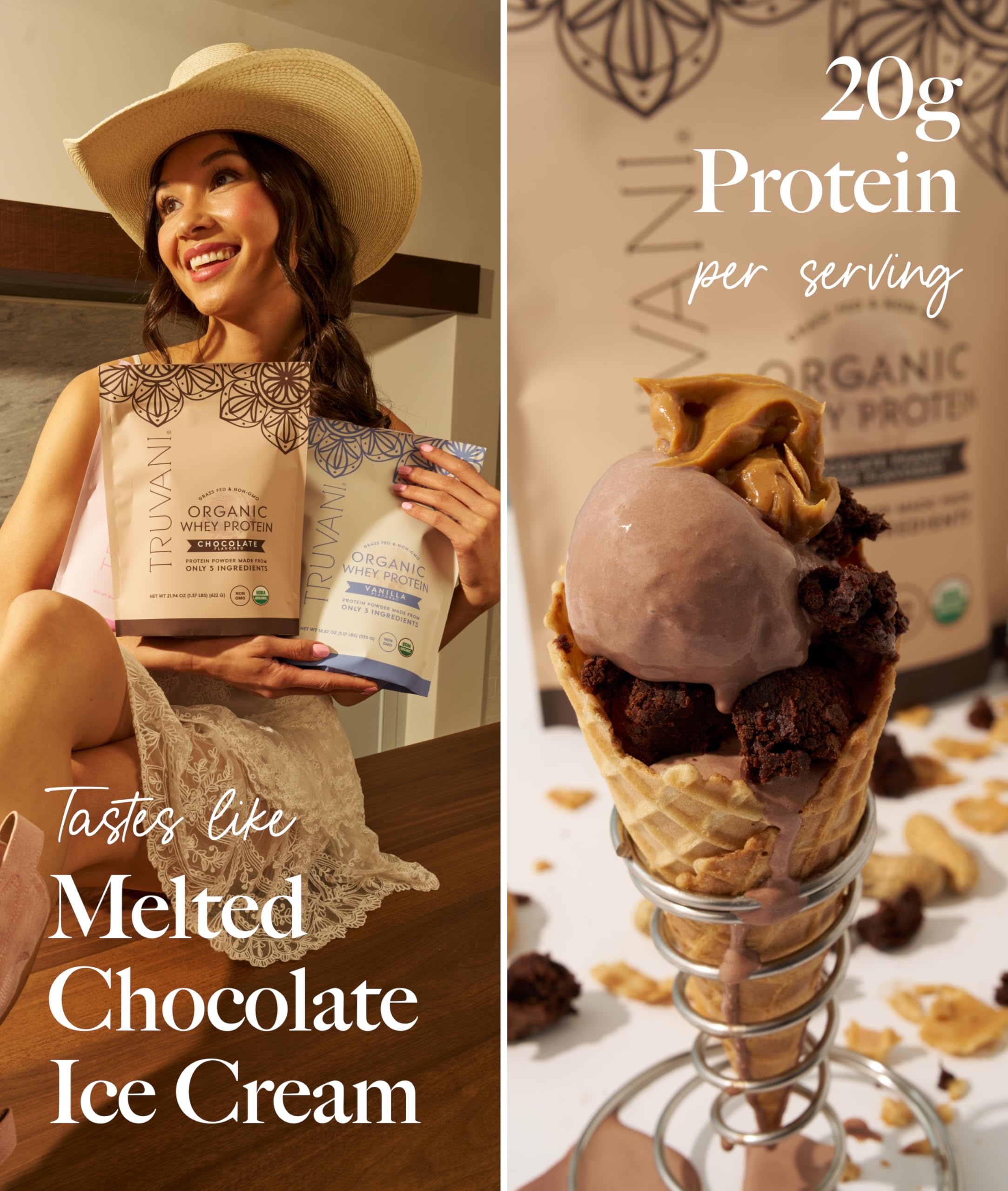 Porción lista de Truvani chocolate, refuerzo de proteína para el día
