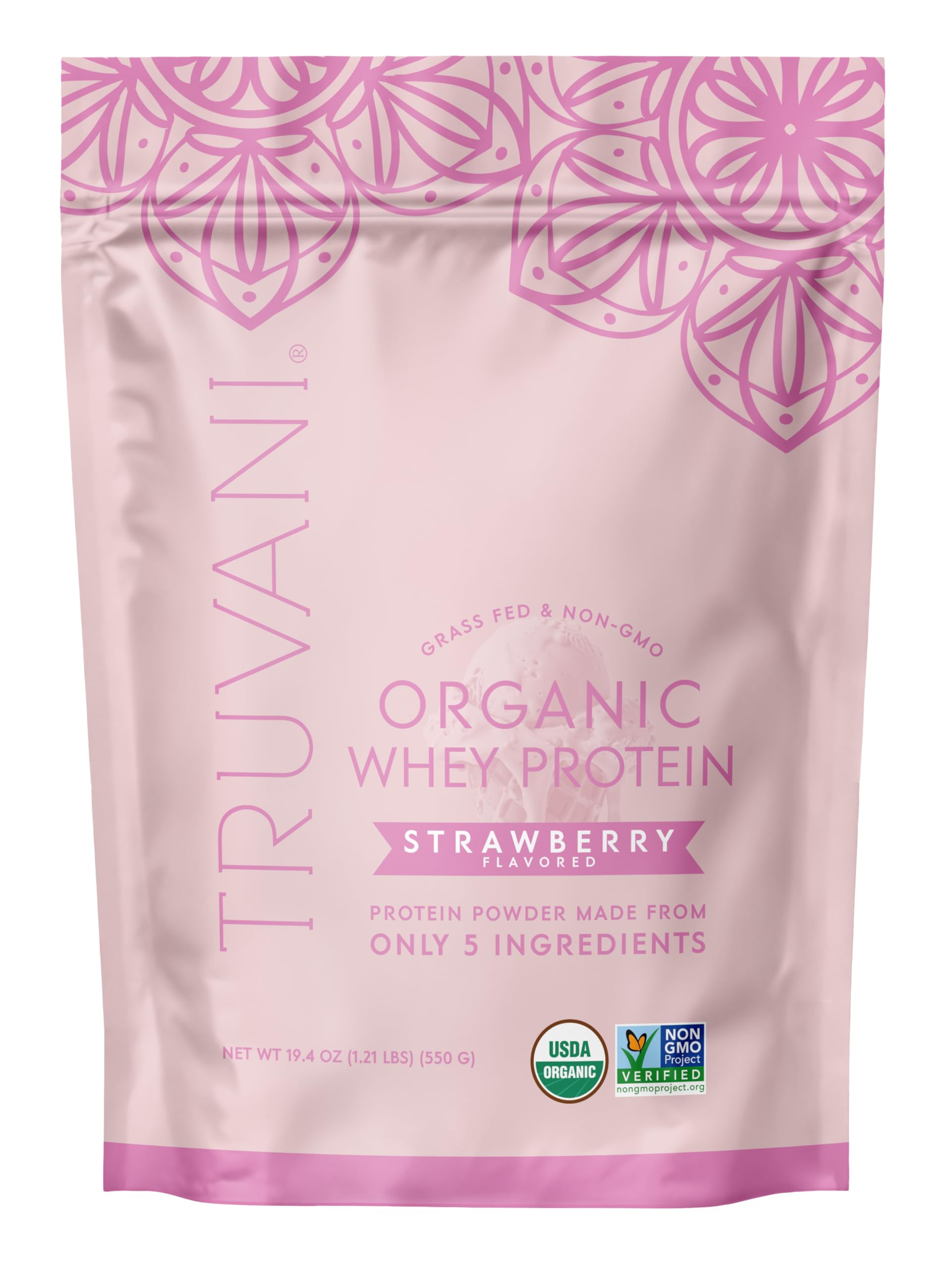 Truvani Proteína de Suero Orgánica Fresa Pote: proteína limpia para batidos post-entrenamiento.