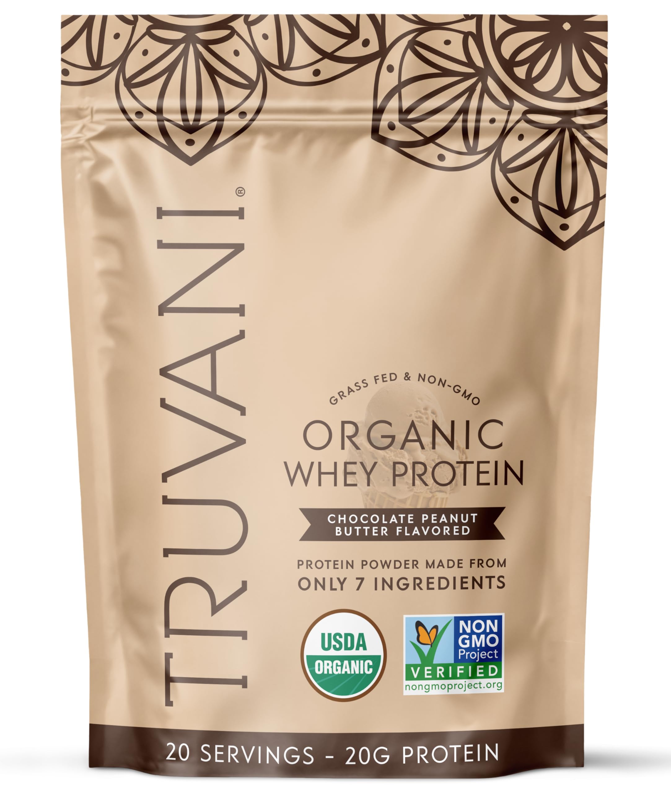 Envase de Truvani proteína de suero orgánica con polvo chocolate y maní para batidos