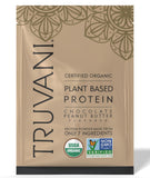 Truvani proteína vegana de guisante, sabor chocolate y cacahuate, ideal para batidos.