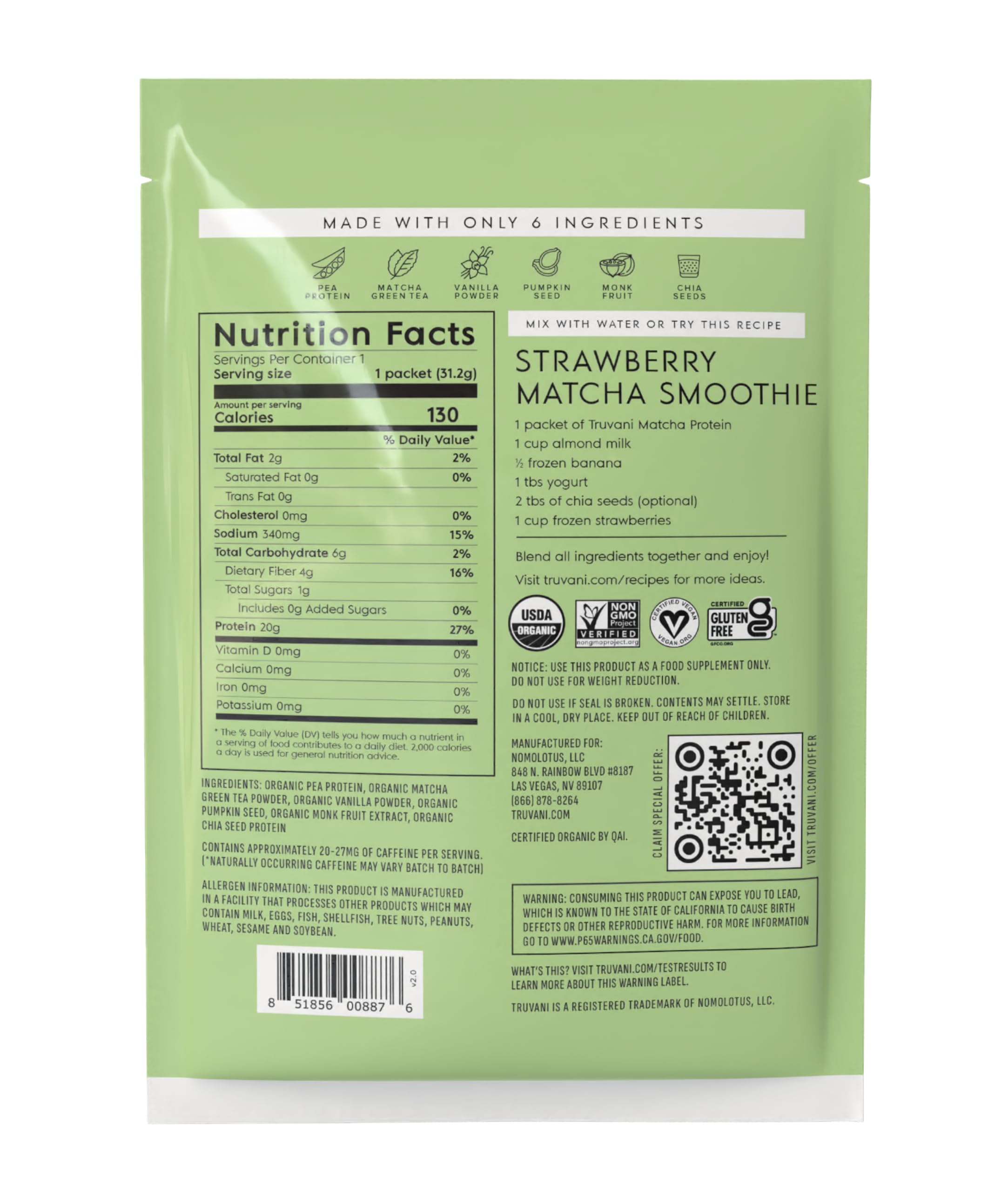 Truvani Proteína vegana Matcha certificación organica para confianza
