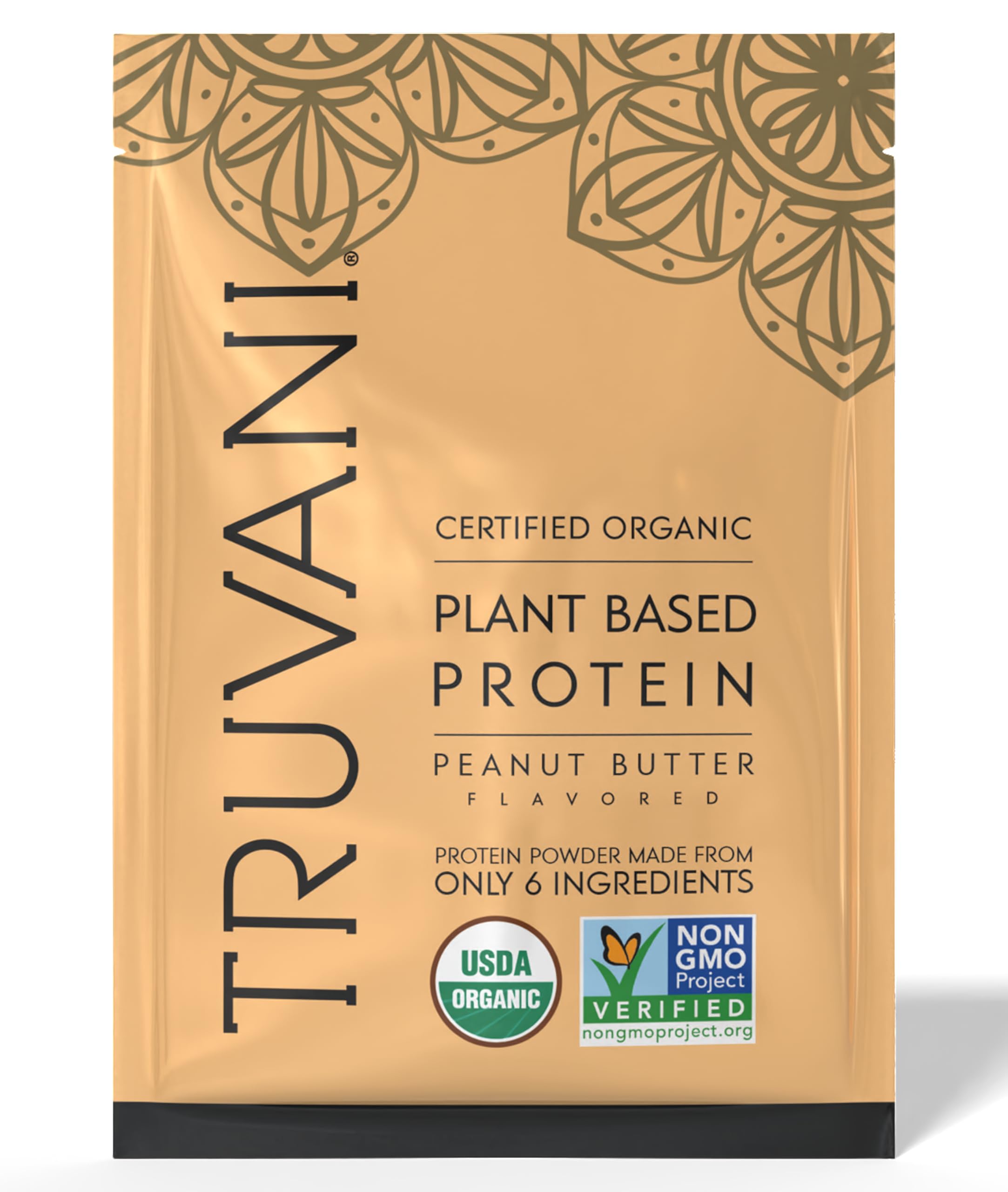 Truvani proteína vegetal de guisante con mantequilla de cacahuete, ideal para batidos.