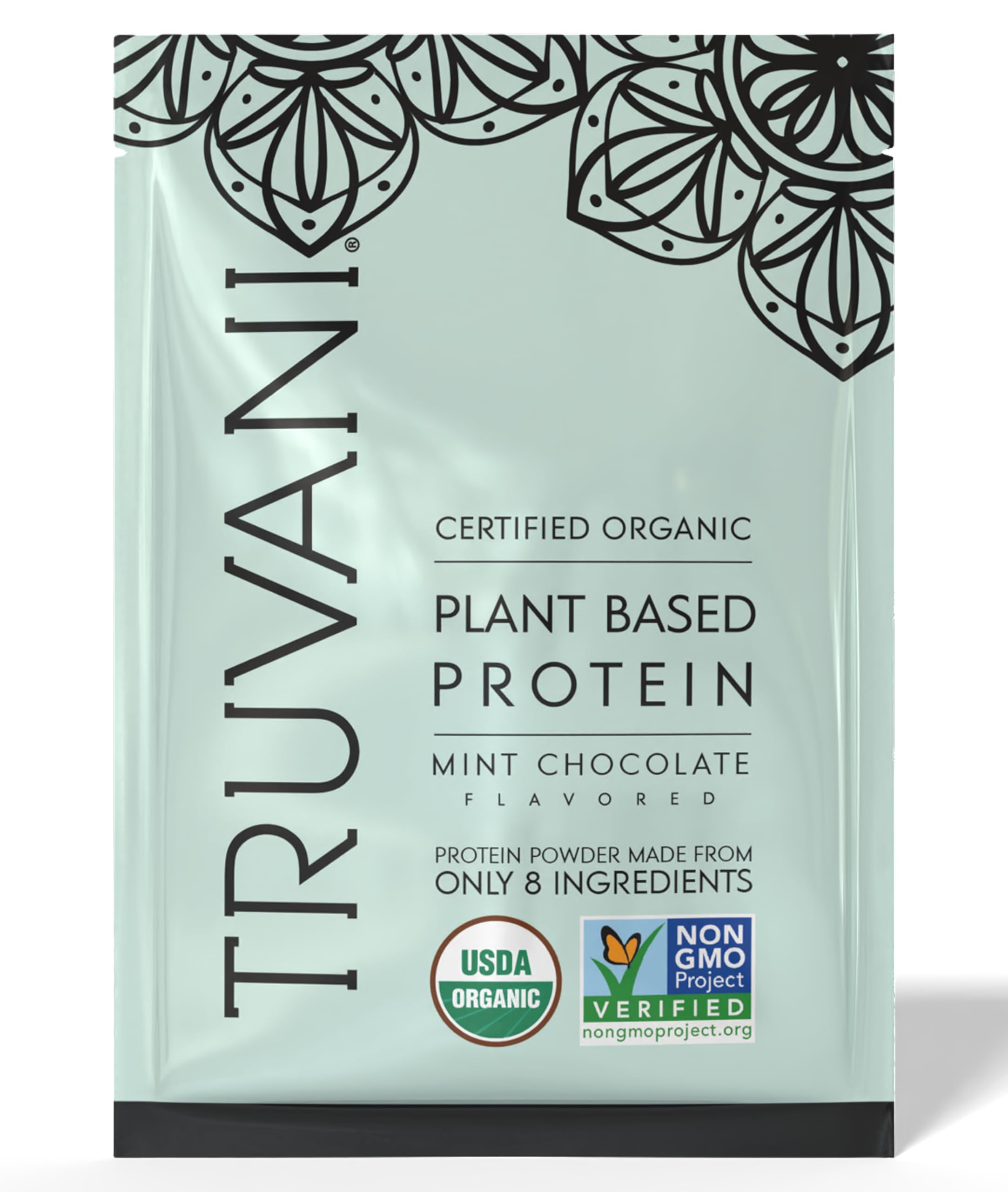 Proteína vegana de Truvani en tarro, sabor menta-chocolate para batidos