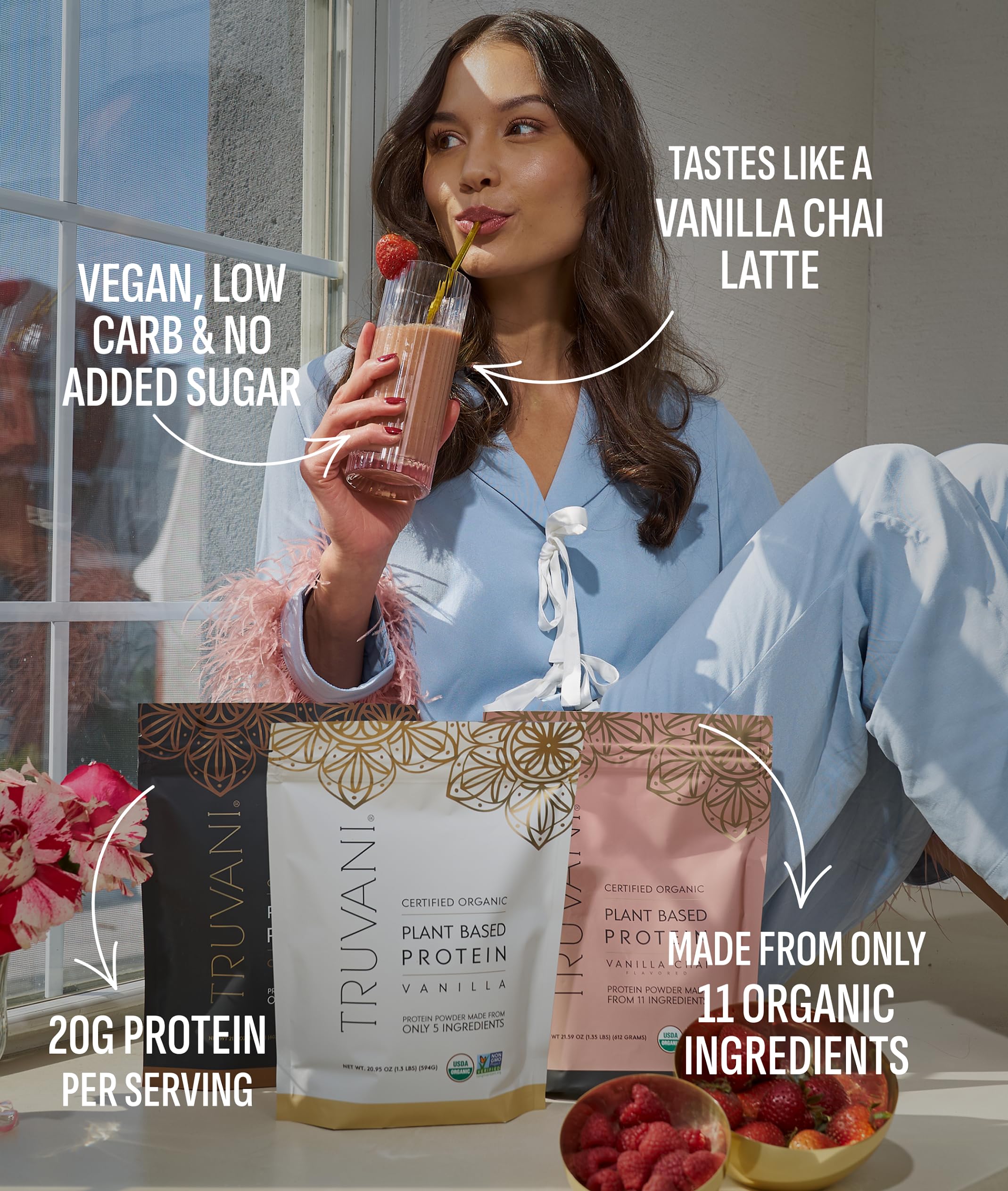 Batido de proteína vegetal Truvani vainilla-chai con textura cremosa