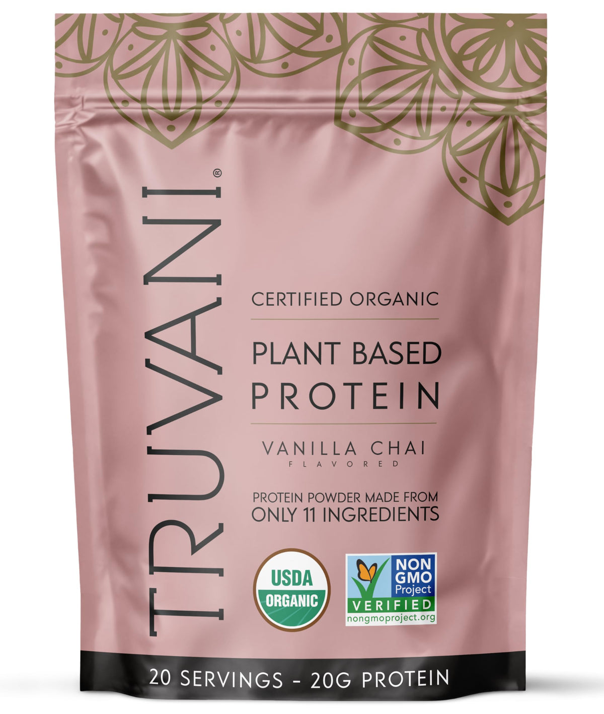 Proteína vegetal Truvani vainilla-chai en bote para batidos