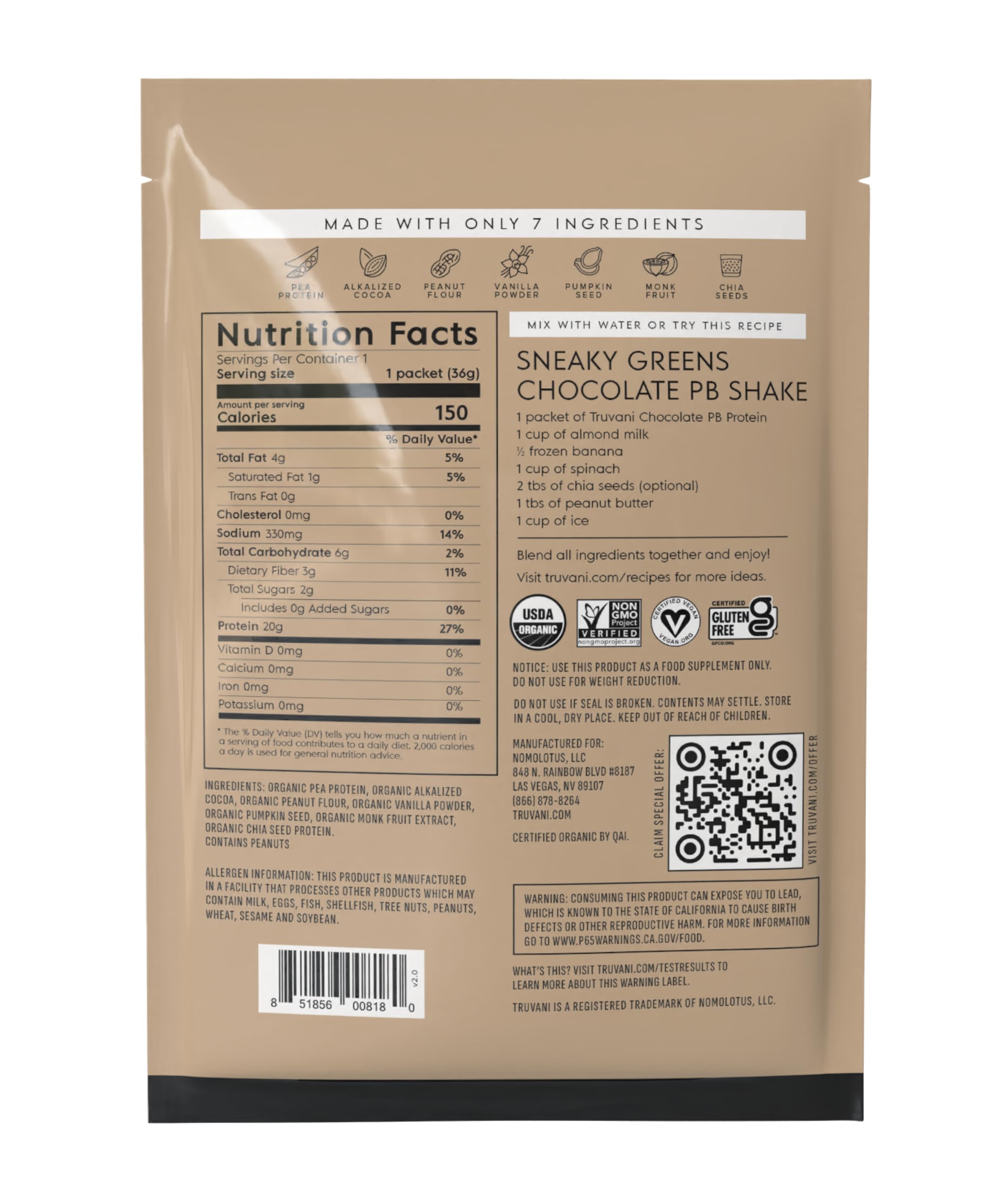 Proteína vegetal de 20 g de Truvani, beneficio para nutrición diaria y snack.