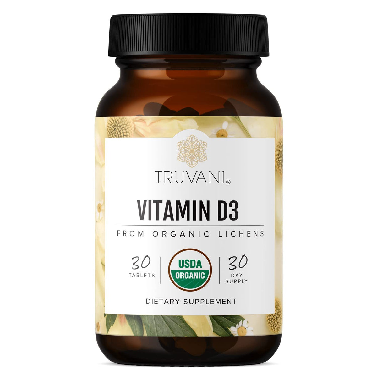 Truvani Vitamina D3: botella con tabletas para soporte óseo y defensa inmune.