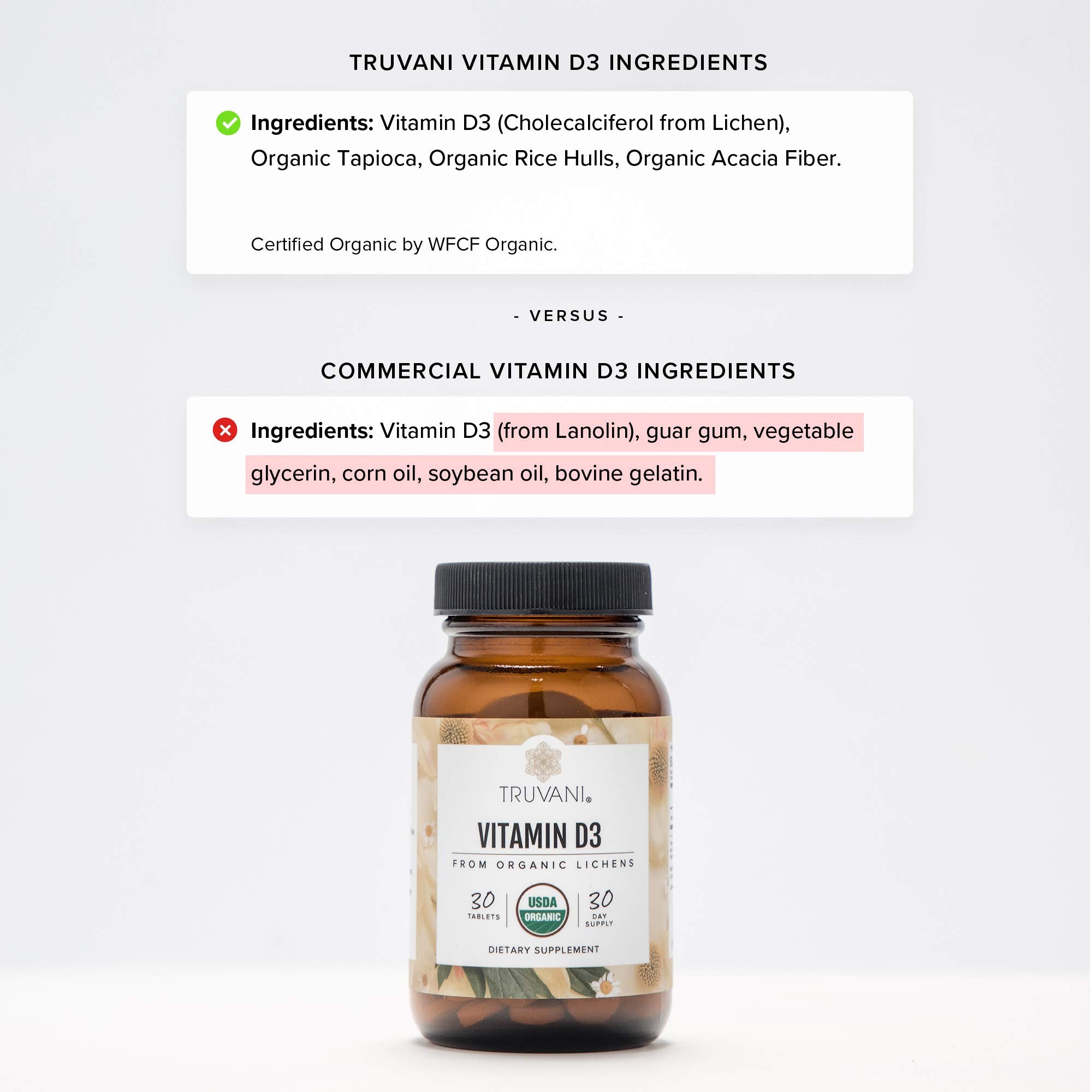 Truvani Vitamina D3: envase orgánico con información clara y etiqueta vegana.