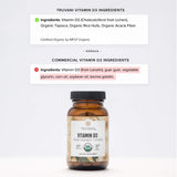 Truvani Vitamina D3: envase orgánico con información clara y etiqueta vegana.