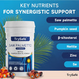 TrySafe cápsulas de Saw Palmetto en primer plano, enfoque en próstata saludable.