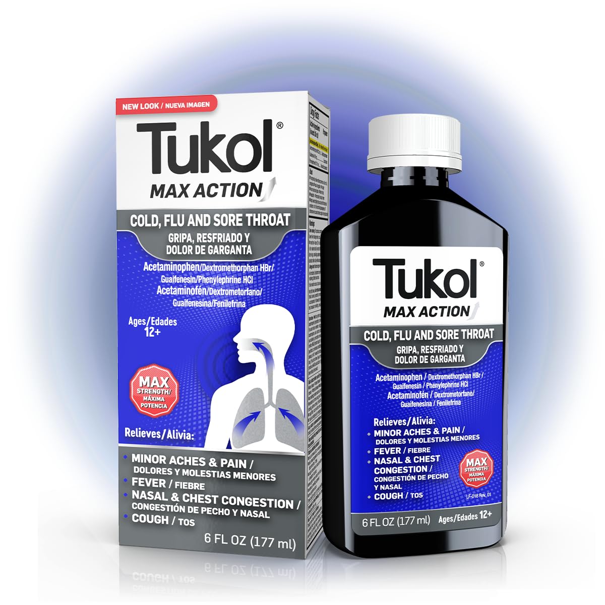 TUKOL Max Action bote frontal para alivio rápido de la congestión y el malestar.