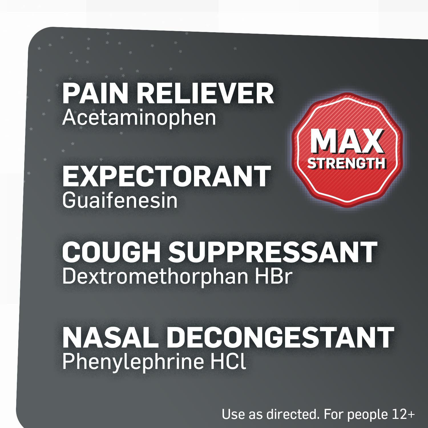 Etiqueta de Tukol Max Action muestra ingredientes activos y dosis recomendada.