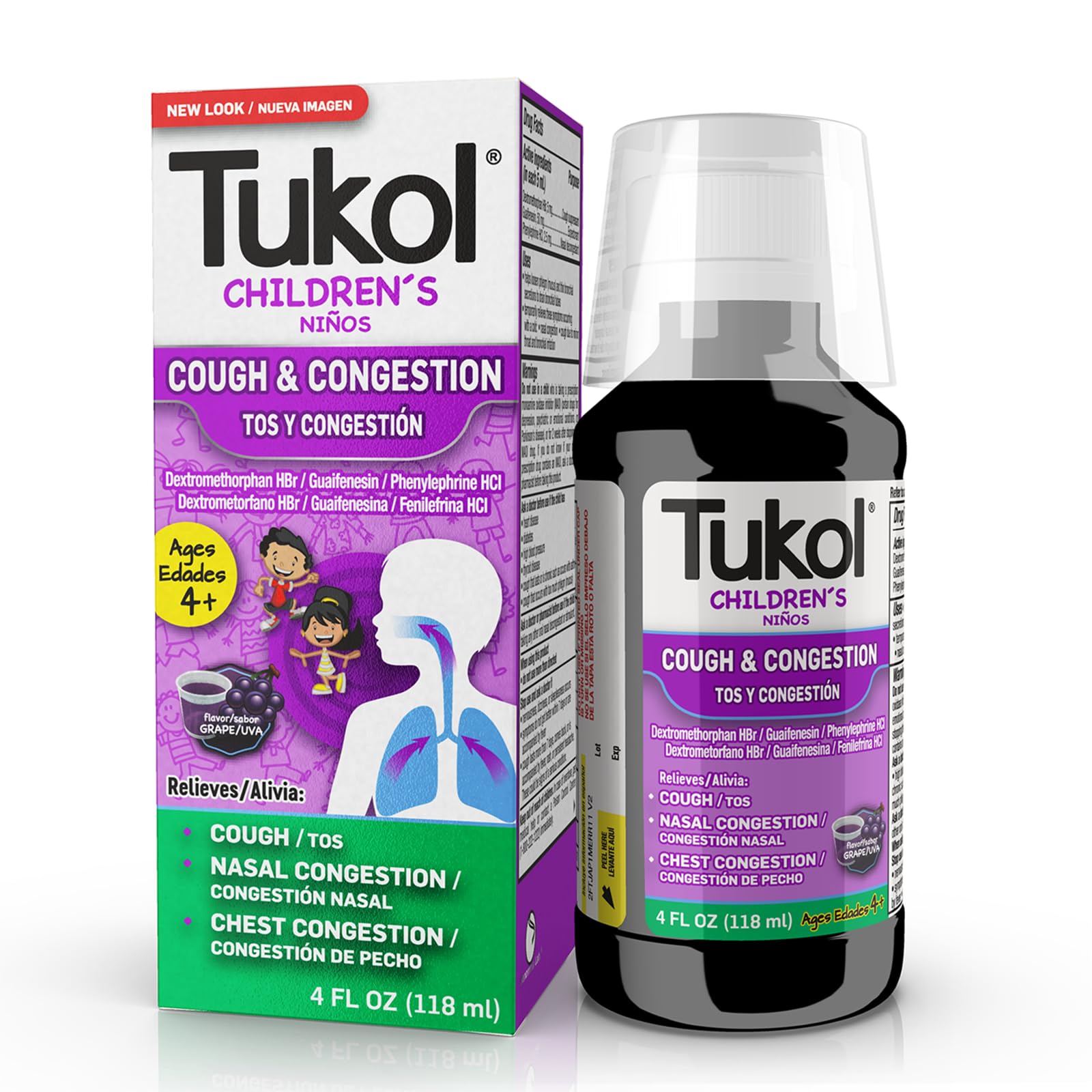 Botella Tukol Niños derramando jarabe, alivio de tos y congestión