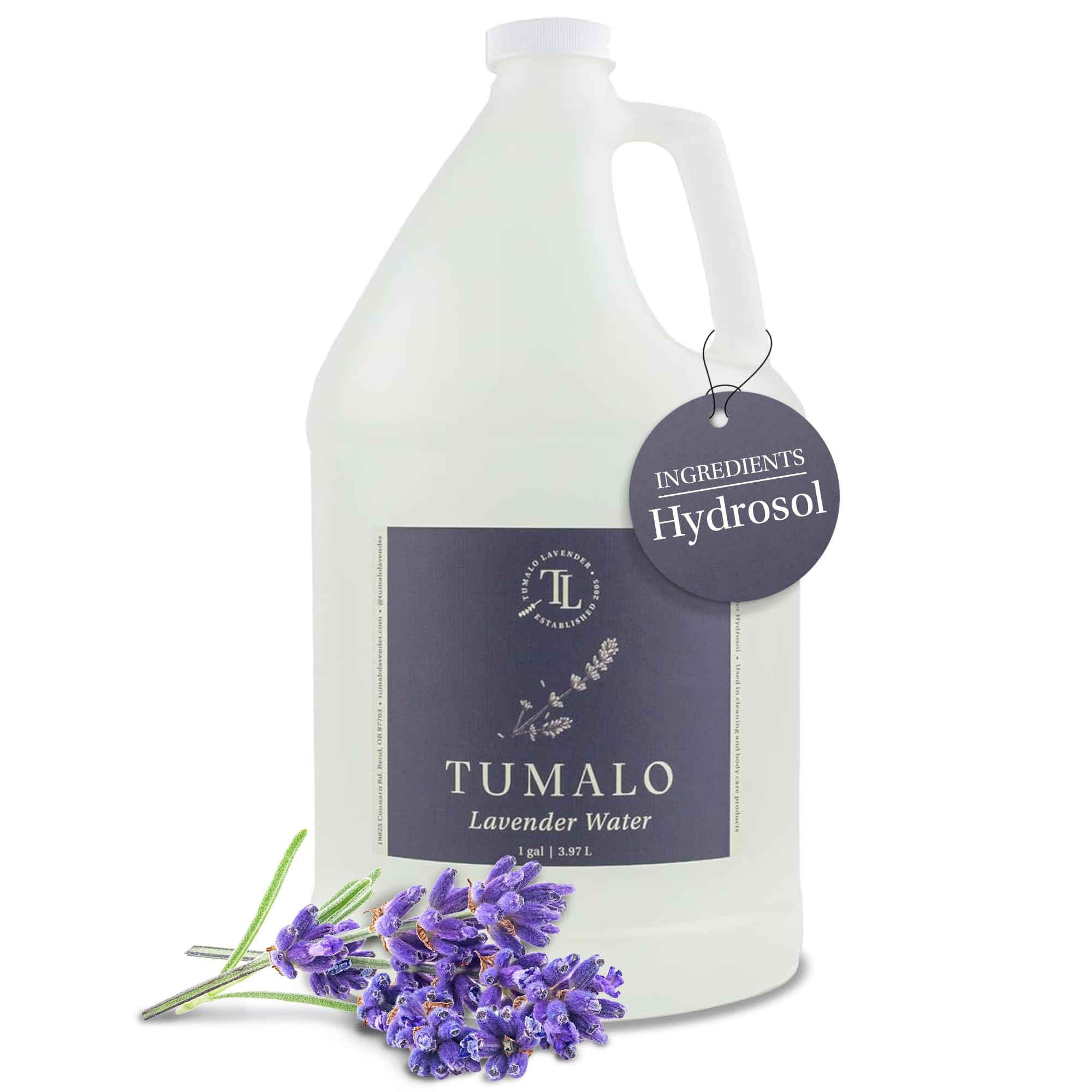 Tumalo Lavender frasco de agua hidrosol con etiqueta elegante para cuidado facial.