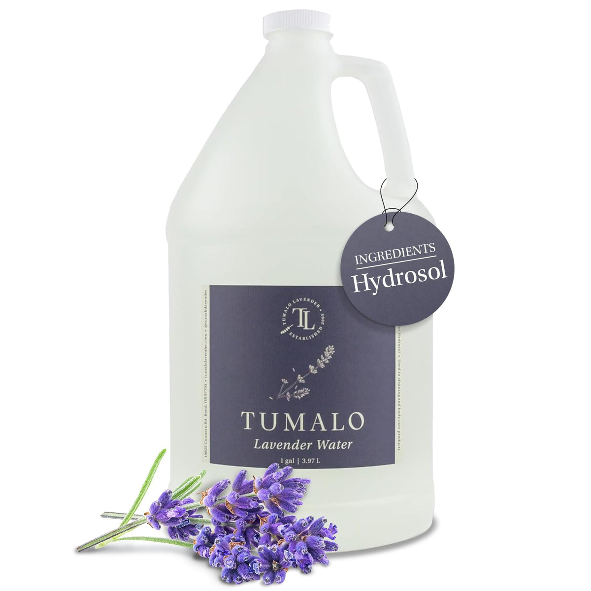 Tumalo Lavender frasco de agua hidrosol con etiqueta elegante para cuidado facial.