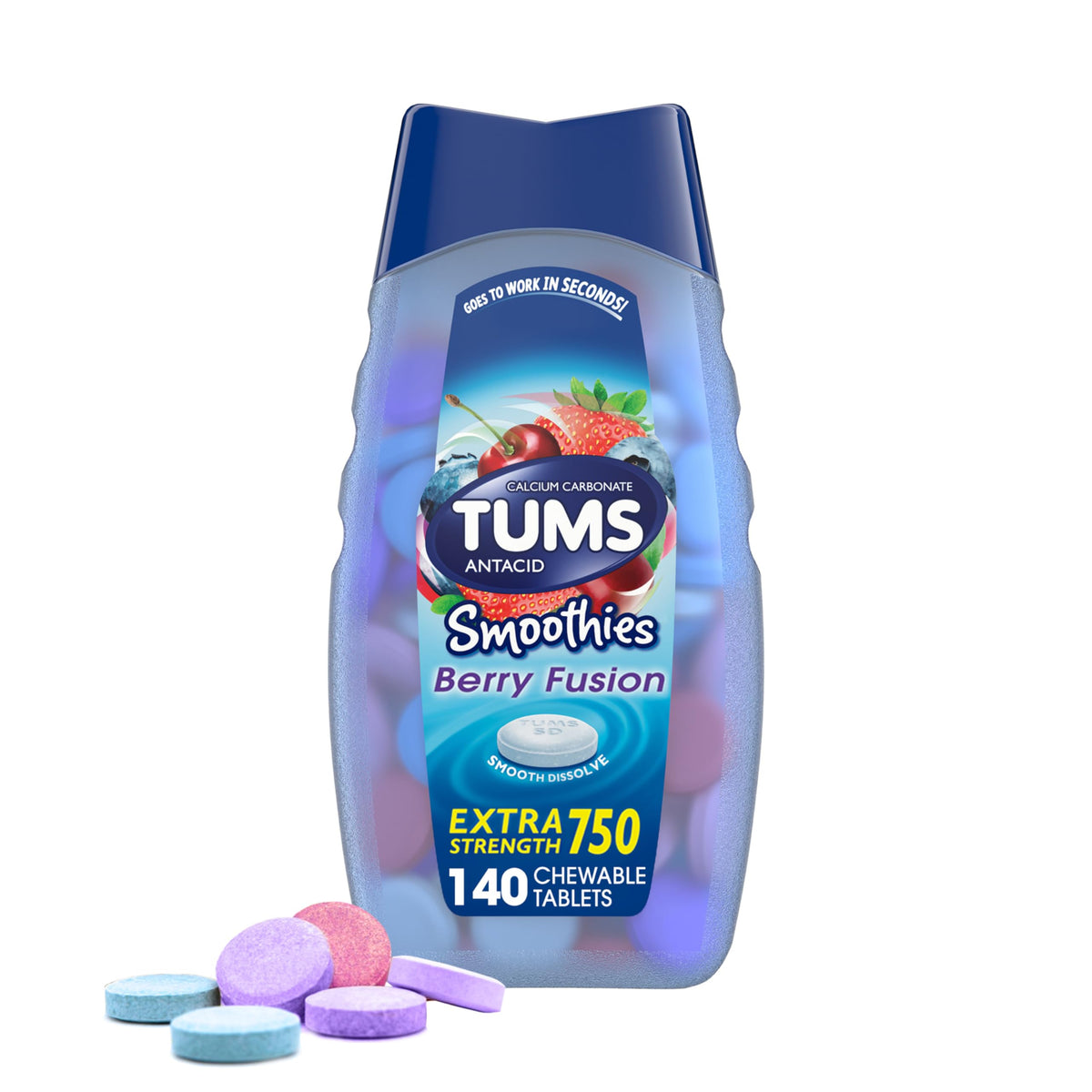 TUMS Antácido Mezcla de Bayas: envase práctico para llevar a cualquier lugar.