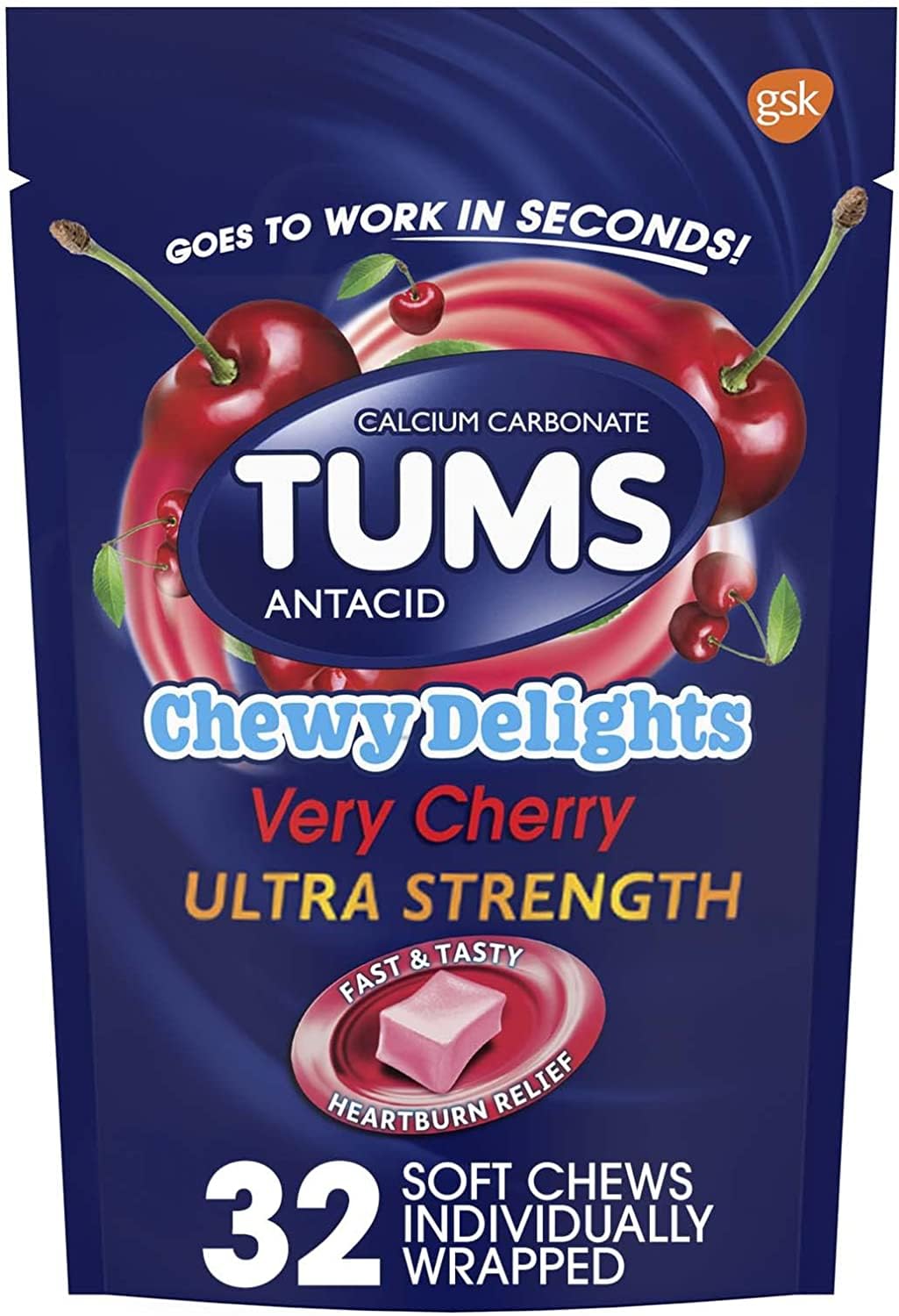 Tums Chewy Delights Cereza, masticables suaves para llevar en el bolso.