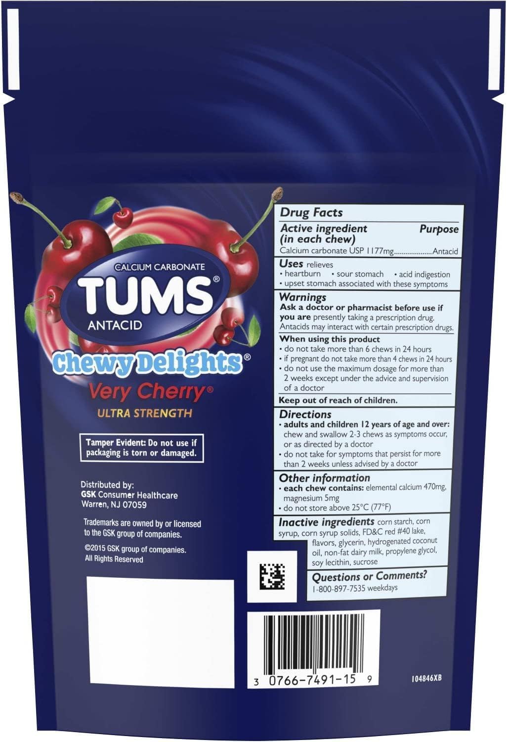 Tums Chewy Delights Cereza, sabor y aroma de cereza para momentos de antojo.