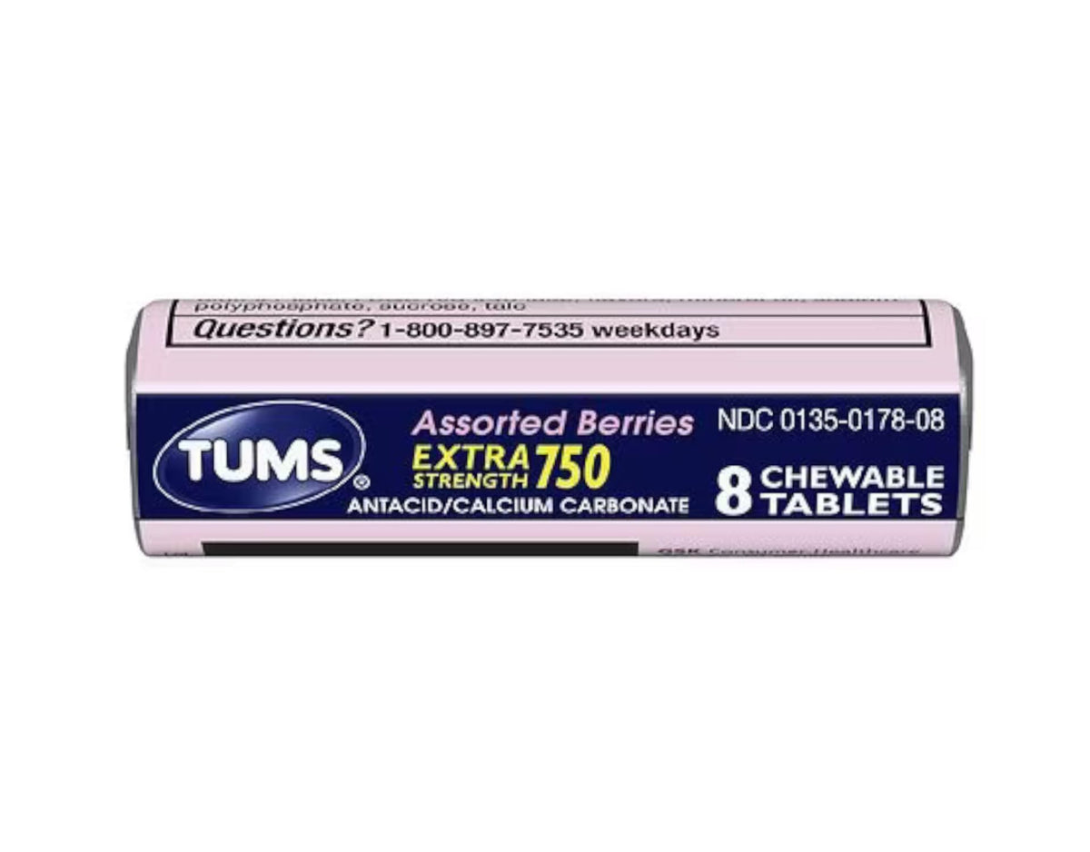 Tums Fuerza Alta 750, tabletas masticables sabor bayas, posible alivio de molestias estomacales.