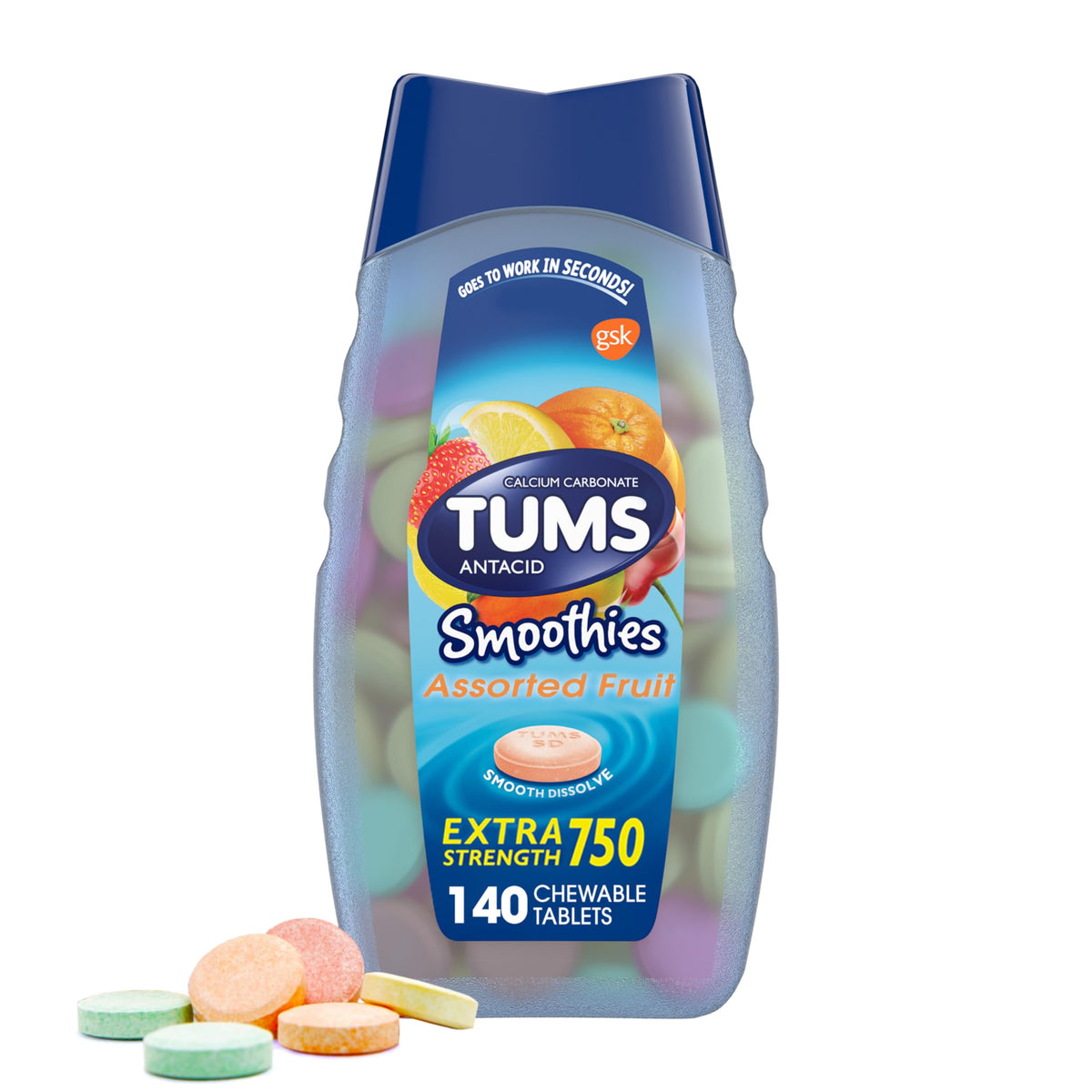 TUMS Smoothies botella con sabores frutales para alivio rápido del ardor estomacal
