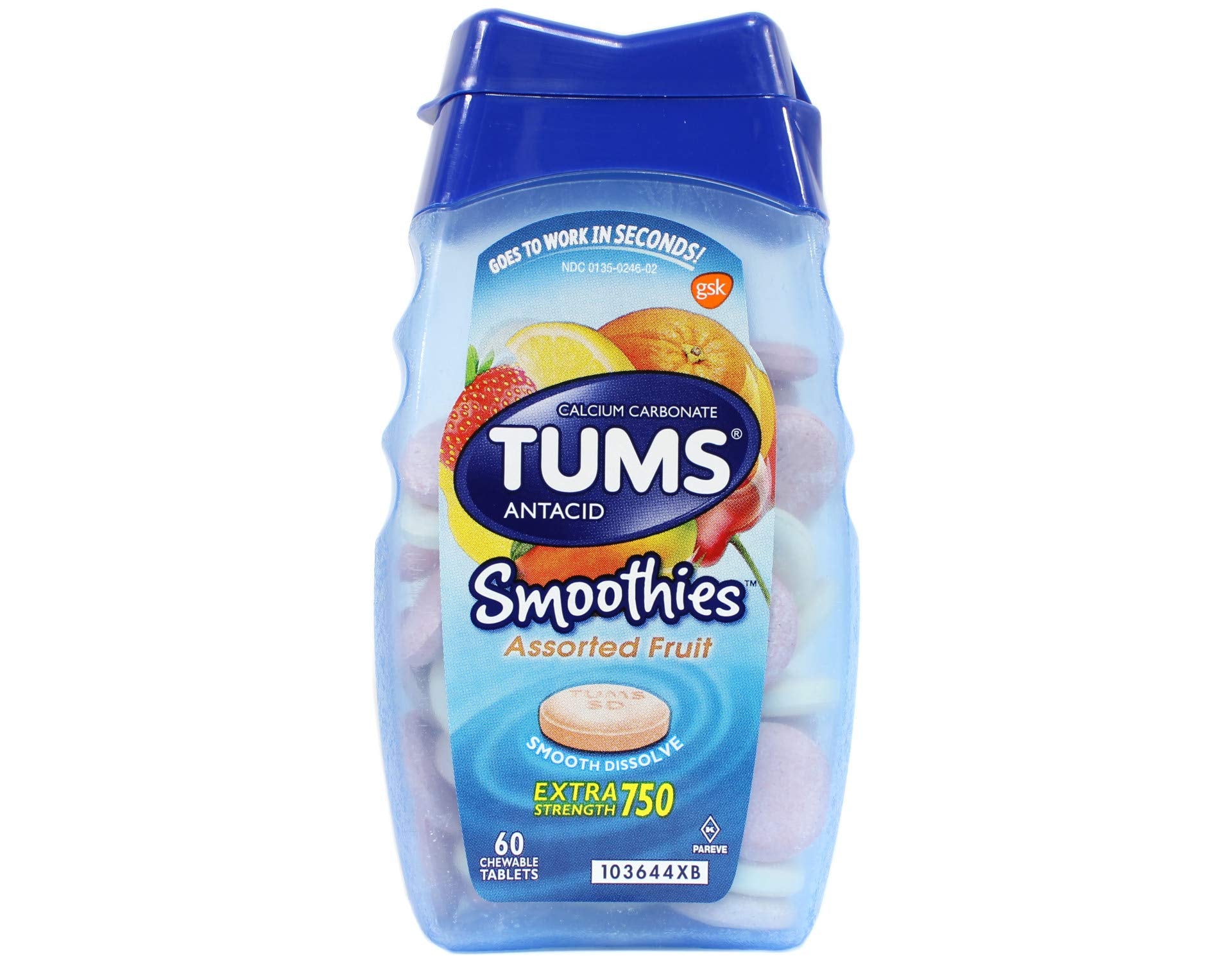 Tabletas masticables de TUMS Smoothies, primer plano, textura suave para masticar fácilmente.