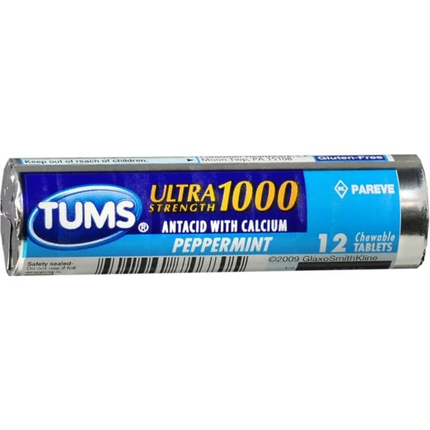 Tums Ultra Peppermint, tabletas de menta, alivio rápido para molestias estomacales tras las comidas.