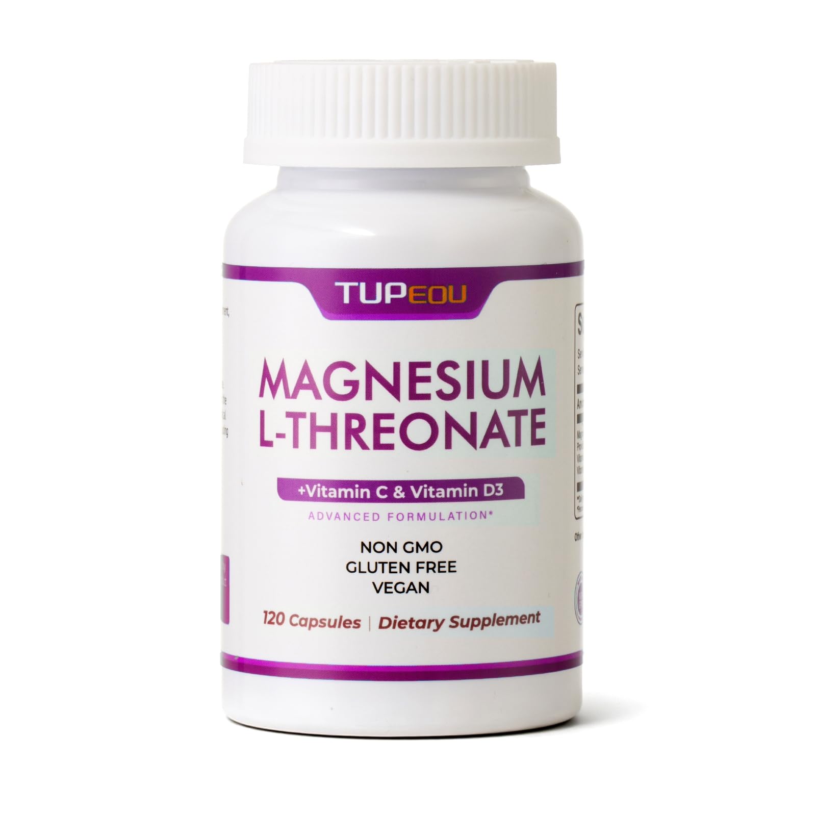 Tupeou magnesium-l-threonate, frasco de cápsulas, posible apoyo a la relajación nocturna.