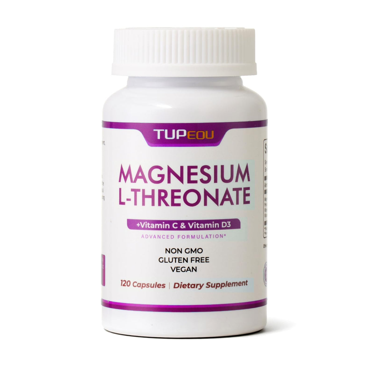 Tupeou magnesium-l-threonate, frasco de cápsulas, posible apoyo a la relajación nocturna.