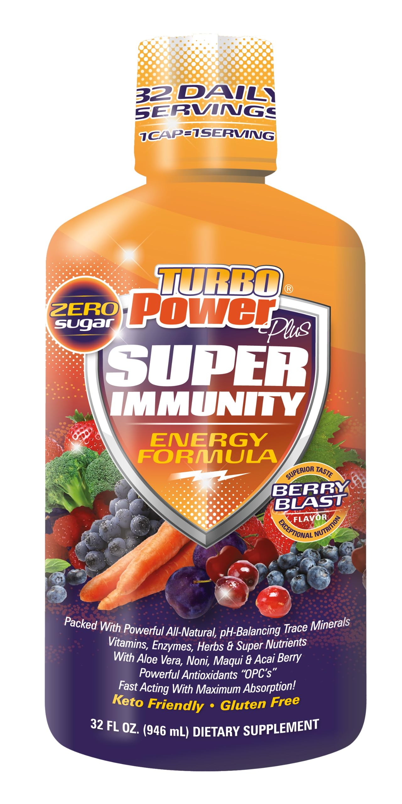 Turbo Power Liquid Vitamin Plus – botella vertiendo, energía sostenida posible durante el día