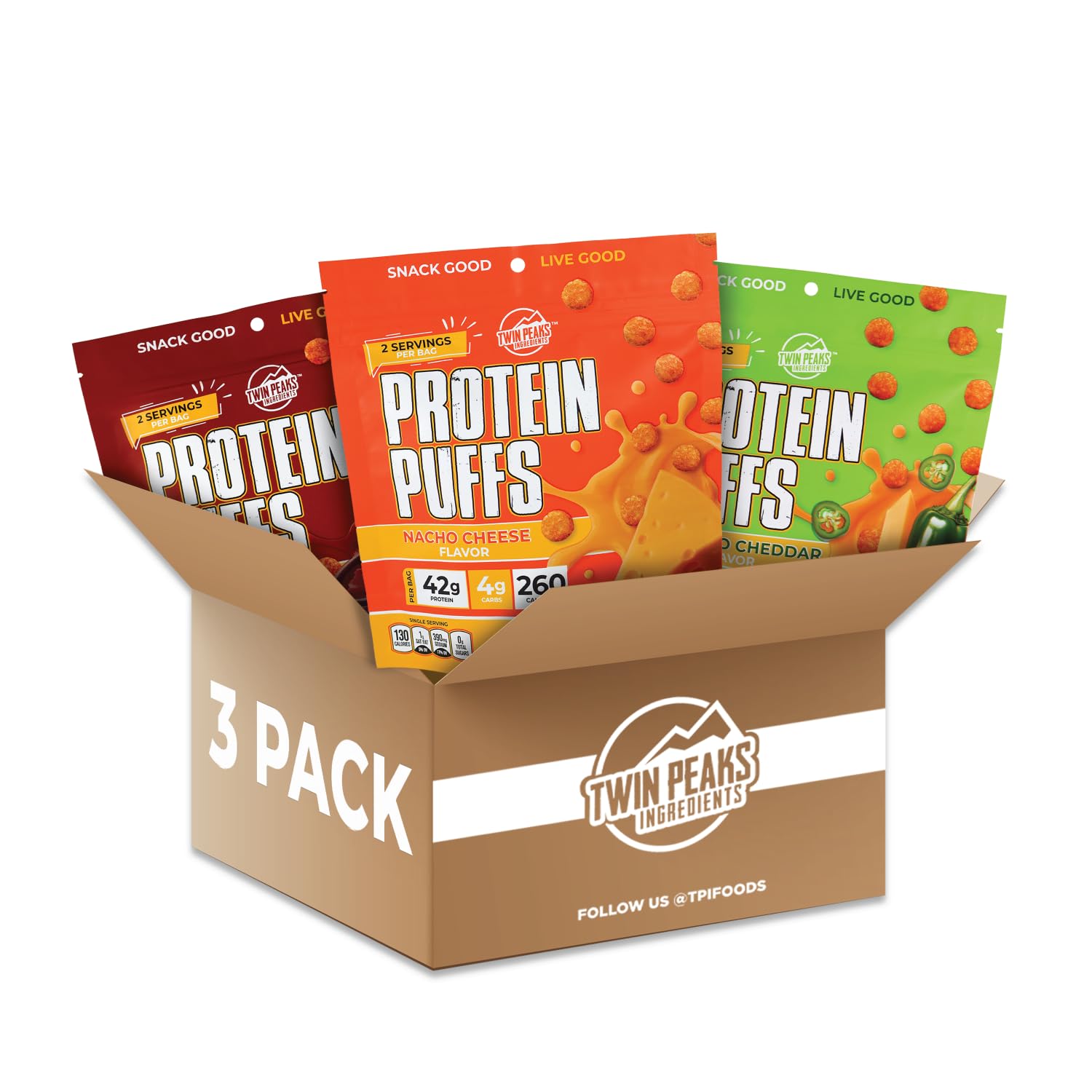 Twin Peaks Ingredients Protein Puffs variedad en paquete de 60 g para meriendas