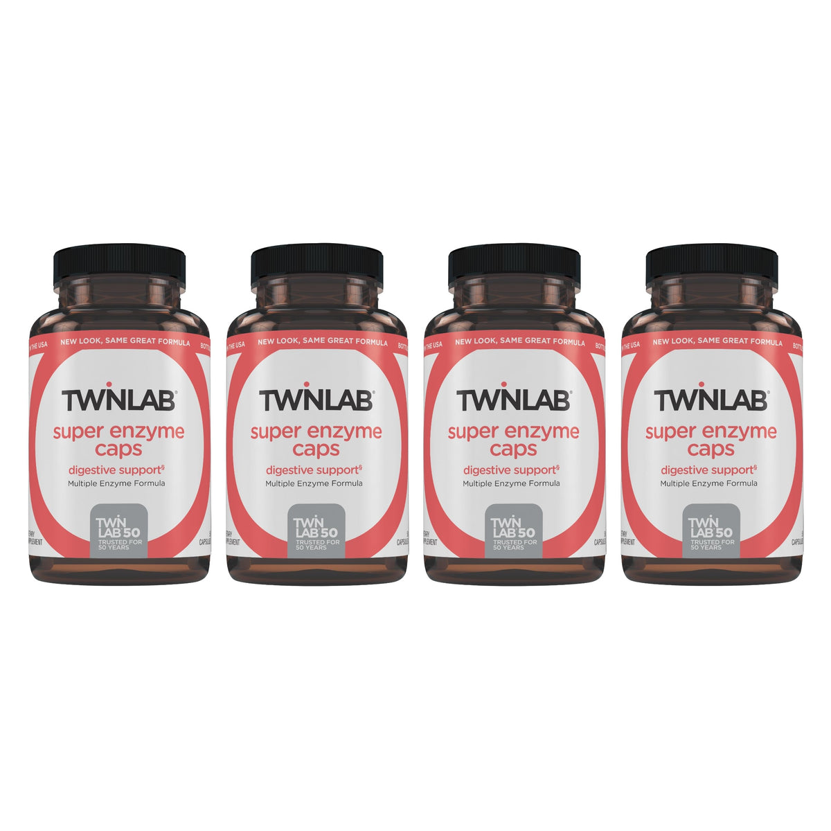 Twinlab Cápsulas Super Enzimas, botella visible, apoyo digestivo diario.