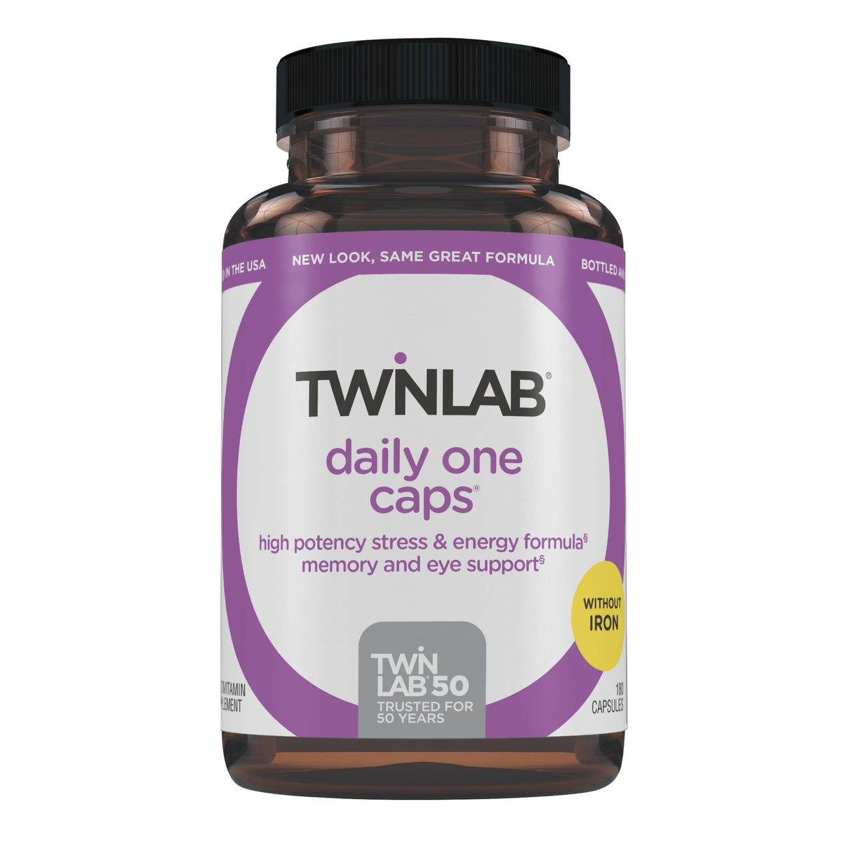 Twinlab Daily One cápsulas Sin Hierro, botella frontal que apoya la toma diaria.