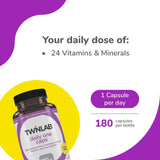 Twinlab Daily One cápsulas Sin Hierro, etiqueta frontal legible con información de nutrientes.
