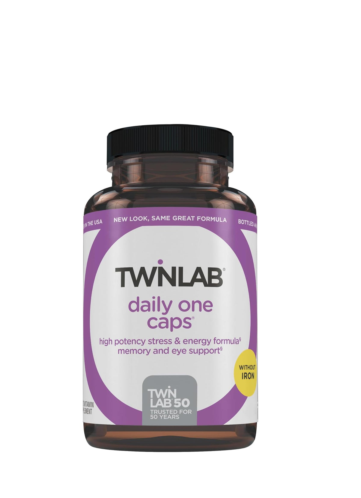 Twinlab Daily One sin hierro con Florglo, frasco que apoya la salud ocular