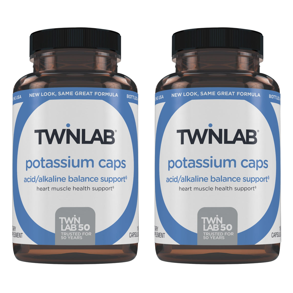 Twinlab Potassium Caps botella frontal, posible apoyo muscular durante el entrenamiento