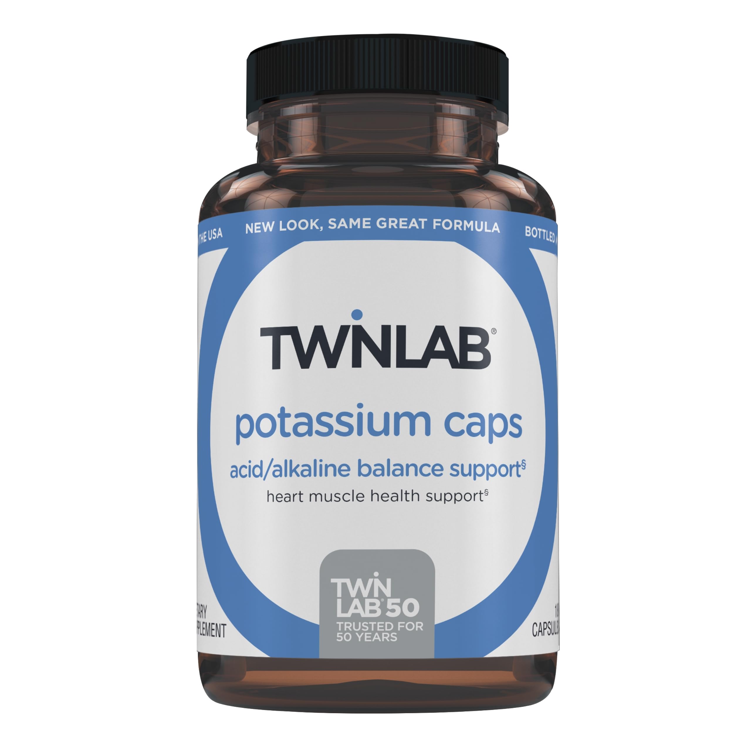 Twinlab Potassium Caps en botella para apoyo muscular y cardíaco.