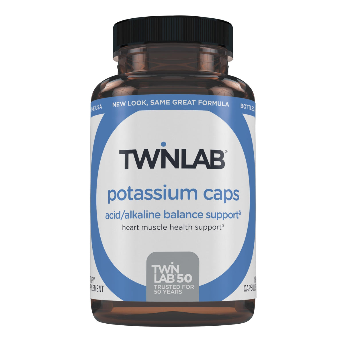 Twinlab Potassium Caps en botella para apoyo muscular y cardíaco.