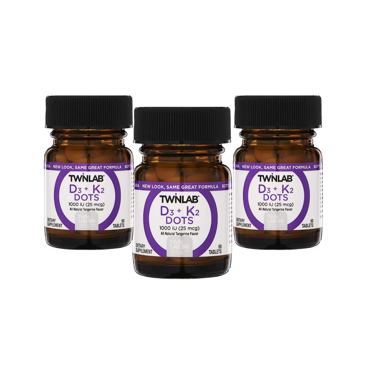 Twinlab Vit D3 1000 y K2 Dots, bote frontal, apoya la salud ósea.